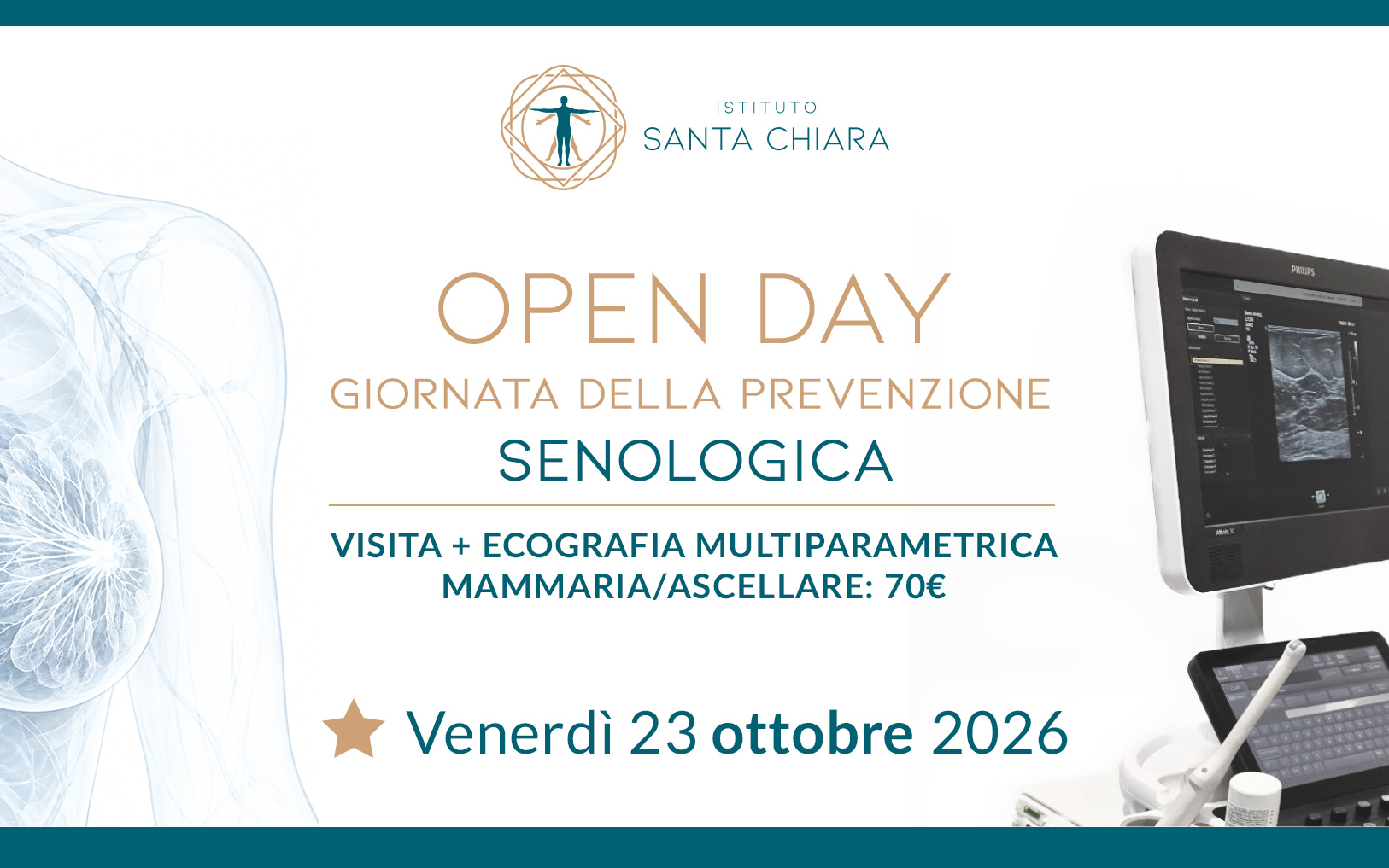 Locandina Open Day prevenzione senologica Istituto Santa Chiara Lecce, 23 ottobre 2026, visita ed ecografia mammaria e ascellare.